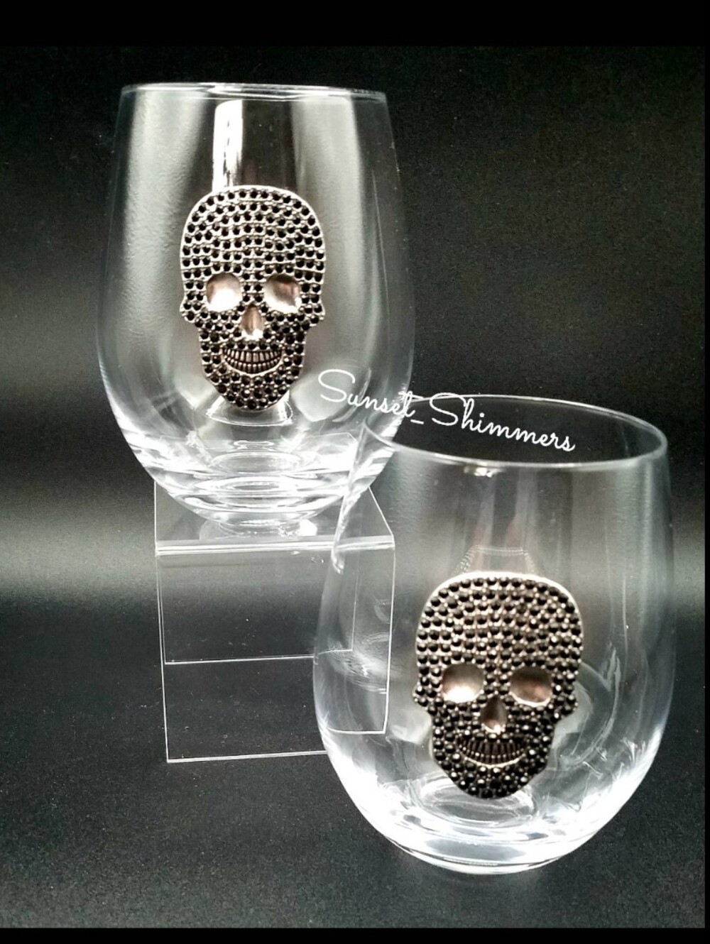 2pc Black Rhinestone Metal Skull Madallion Halloween Stemless Wine Glass Set NEW